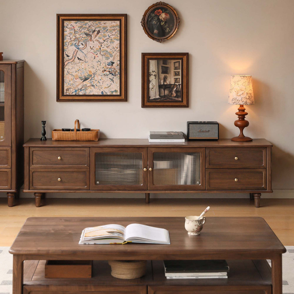 86.6'' Solid Walnut TV Stand Mid Century Modern