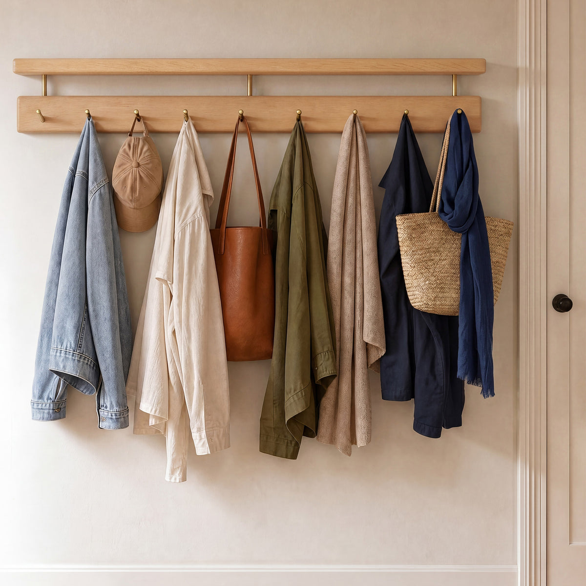 Wood Wall Shelf with 9 Brass Hooks