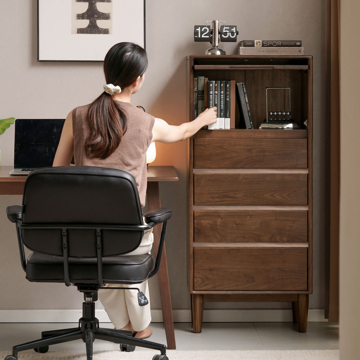 Solid Walnut Wood Storage Cabinet with Shelves and Drawer