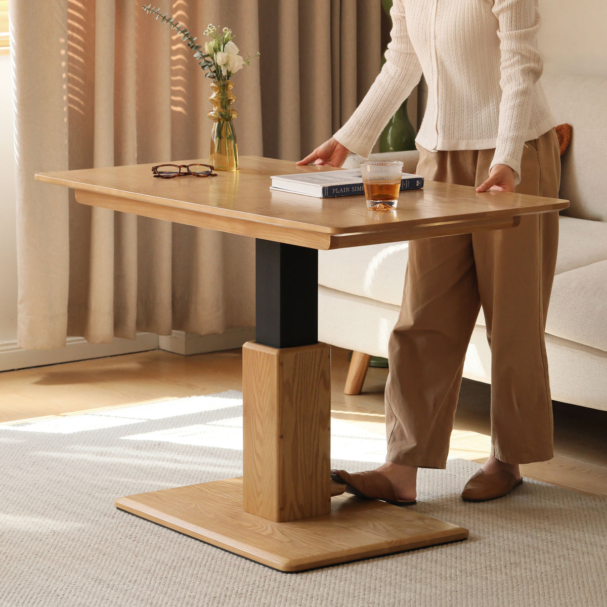 Solid Oak Pedal Lift Coffee Table Single Leg