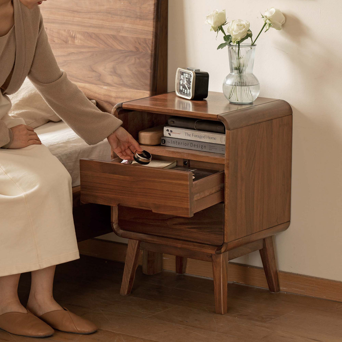 Solid Wood Nightstand with Drawer and Open Storage