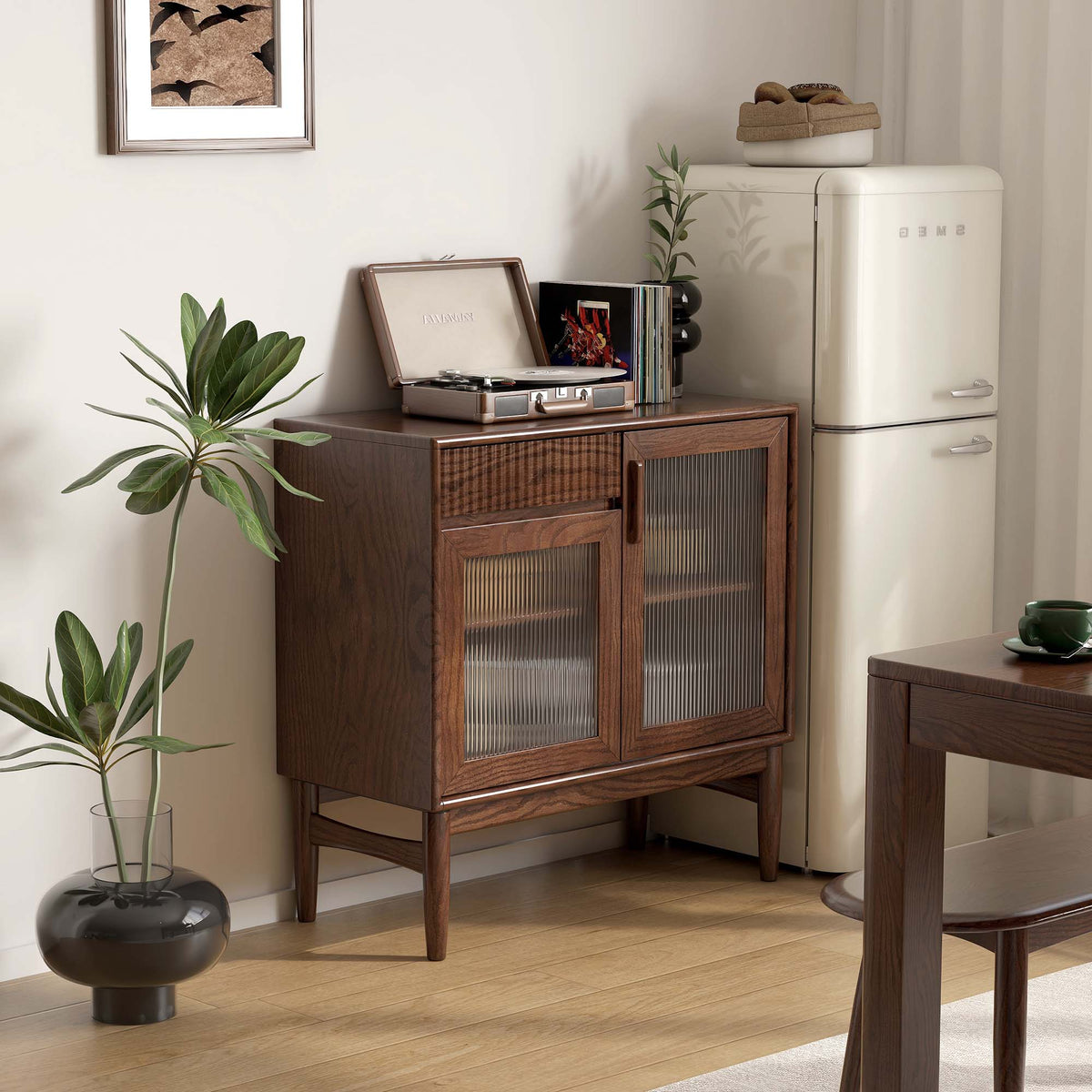 Solid Wood Sideboard with Fluted Glass Doors