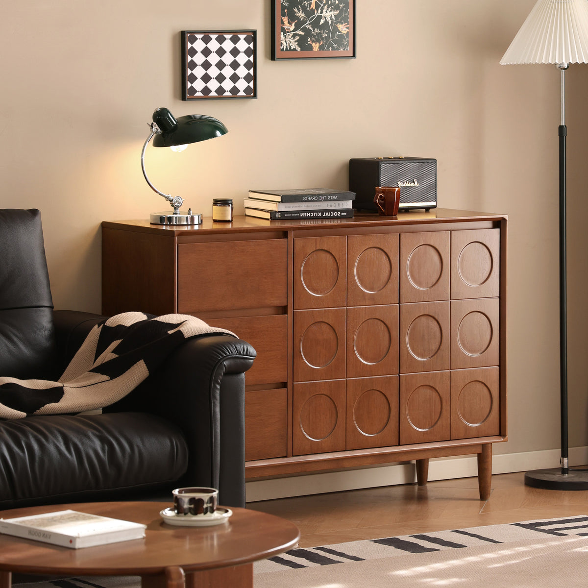 Solid Rubberwood Sideboard with 3 Drawers & Double Doors