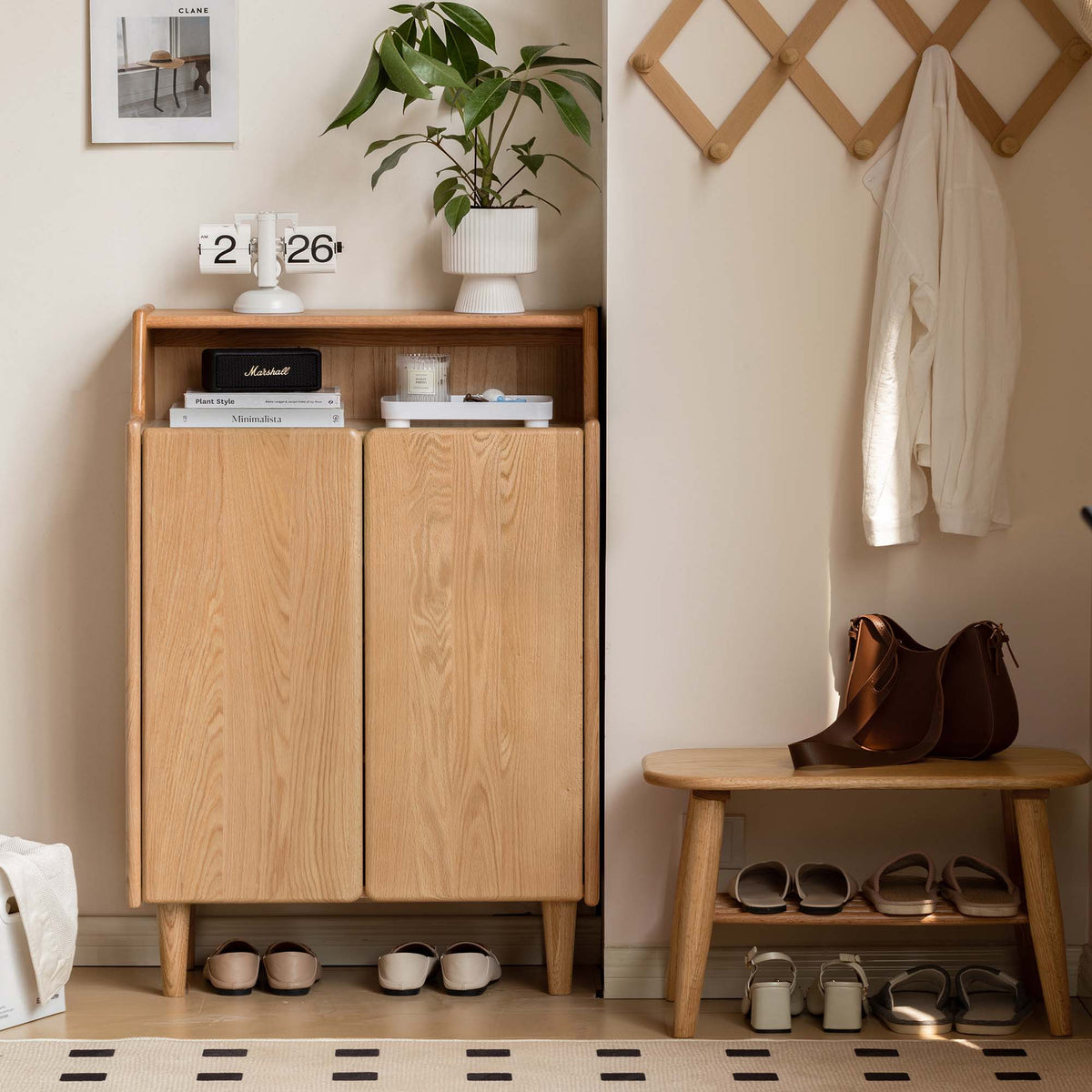 Solid Wood Shoe Cabinet with Doors 4-Tier Adjustable
