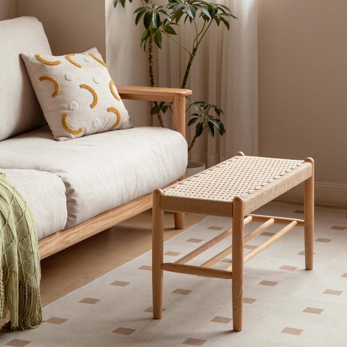 Solid Oak Shoe Bench with Woven Rope Design Assembled