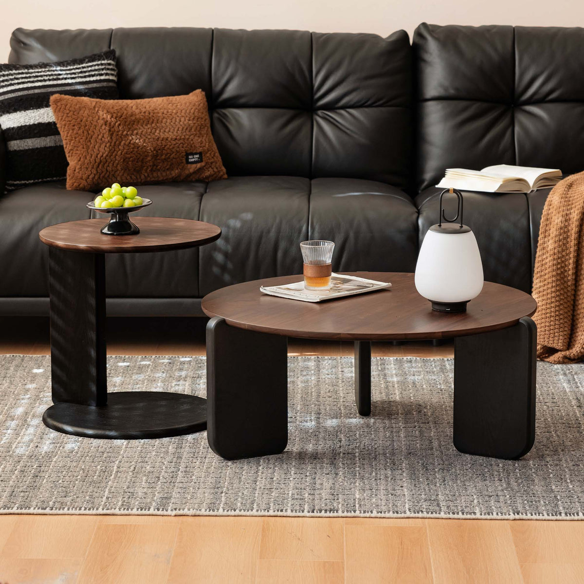 Round Walnut Top Coffee Table with Oak Legs