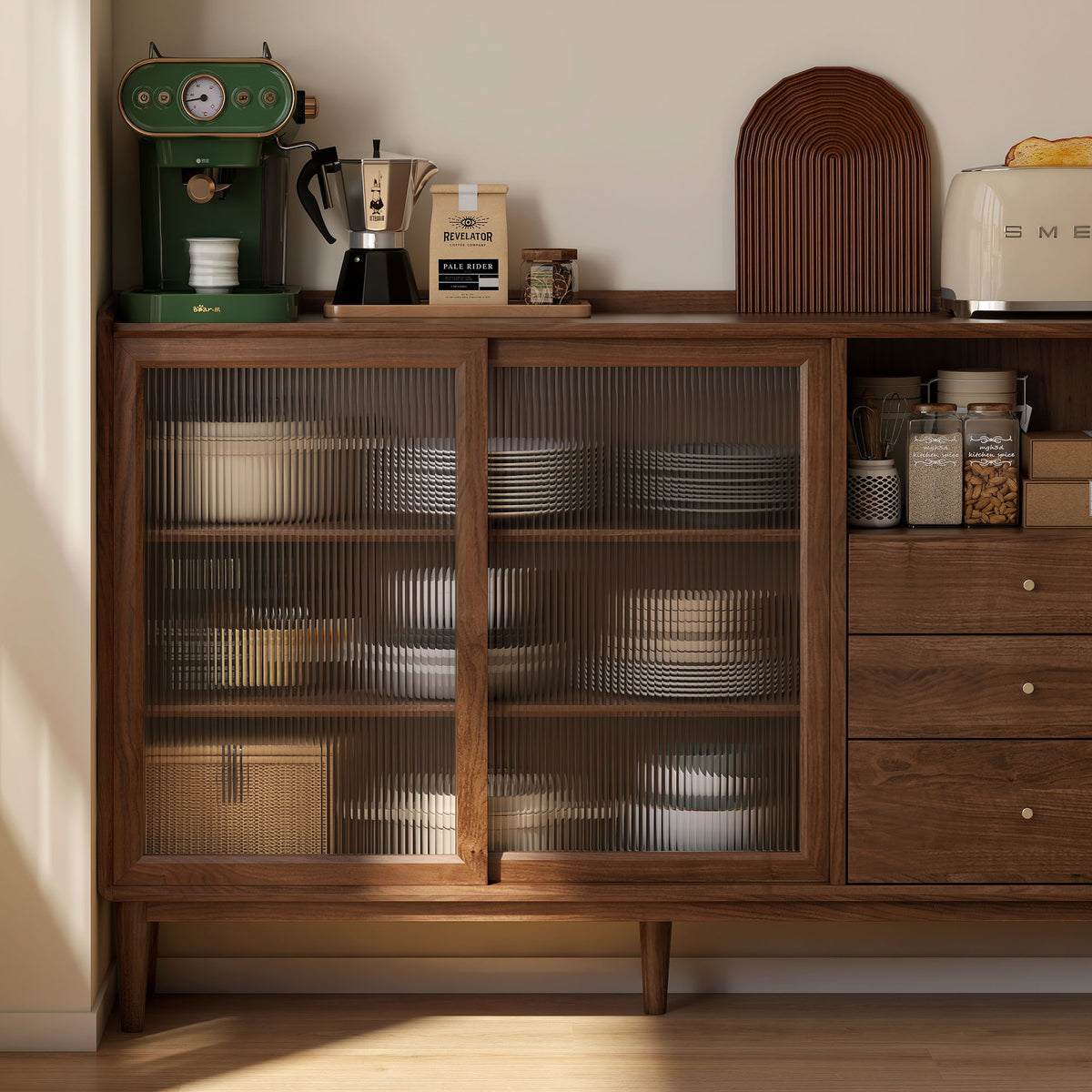 Yeswood Rubberwood Sideboard with Glass Doors