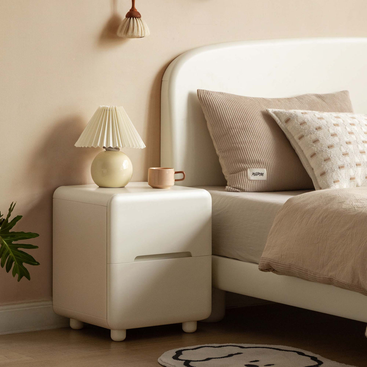 White Wood Nightstand with 2 Drawers Rounded Corners