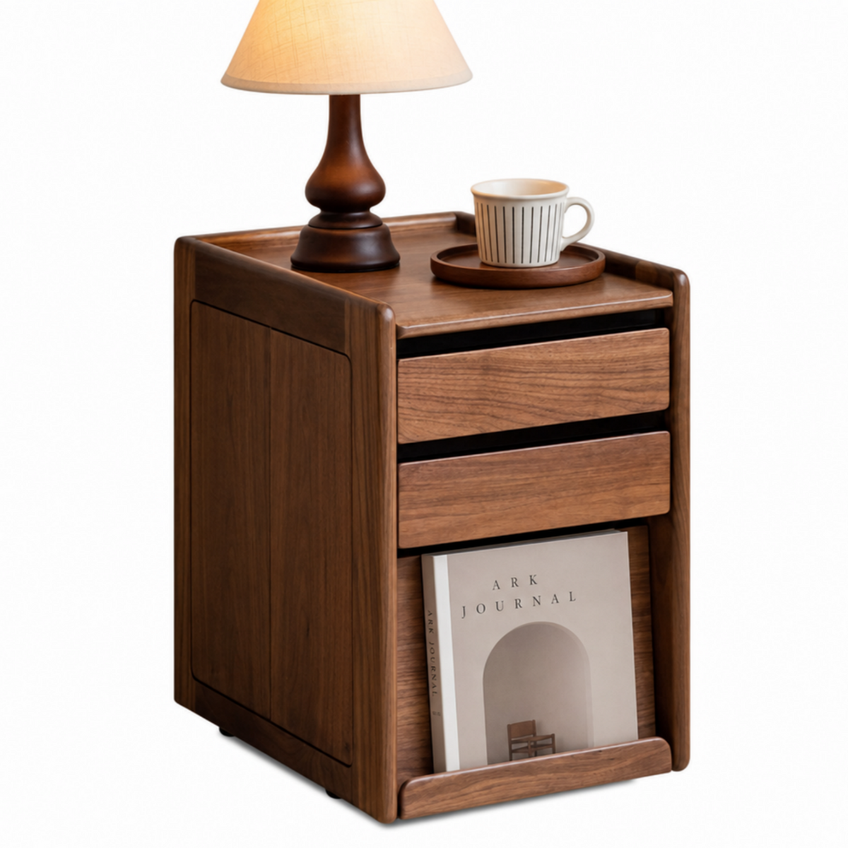 Solid Oak Wood Rolling Side Table with Storage