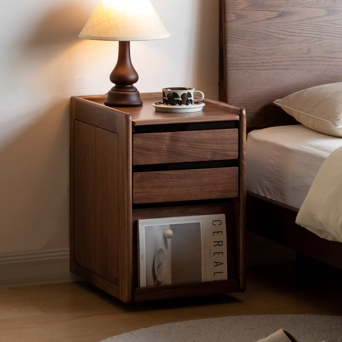 Solid Oak Wood Rolling Side Table with Storage