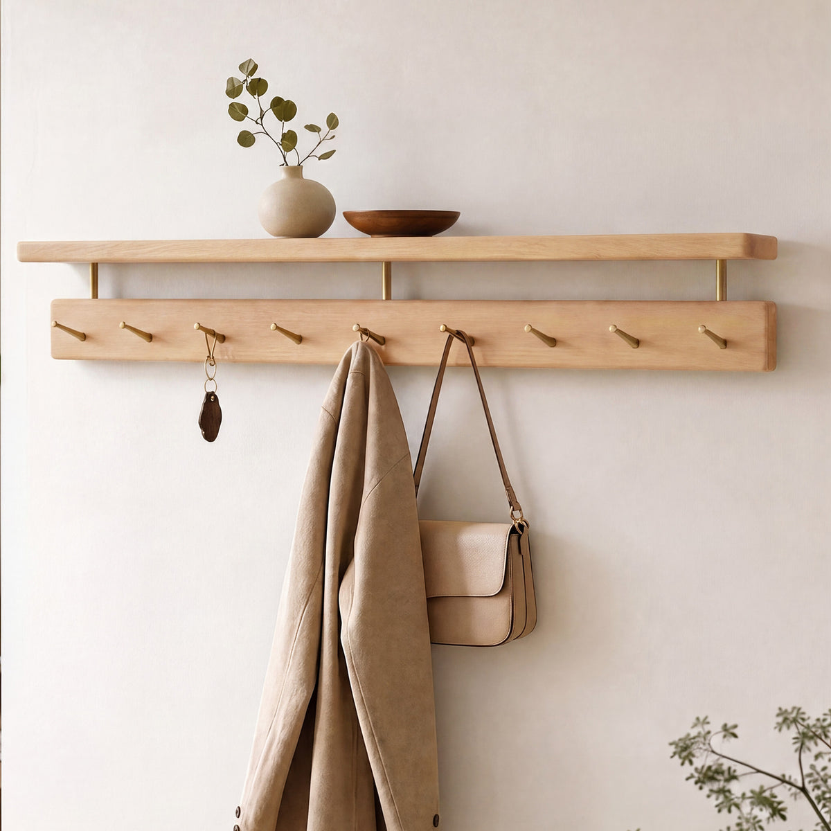 Wood Wall Shelf with 9 Brass Hooks