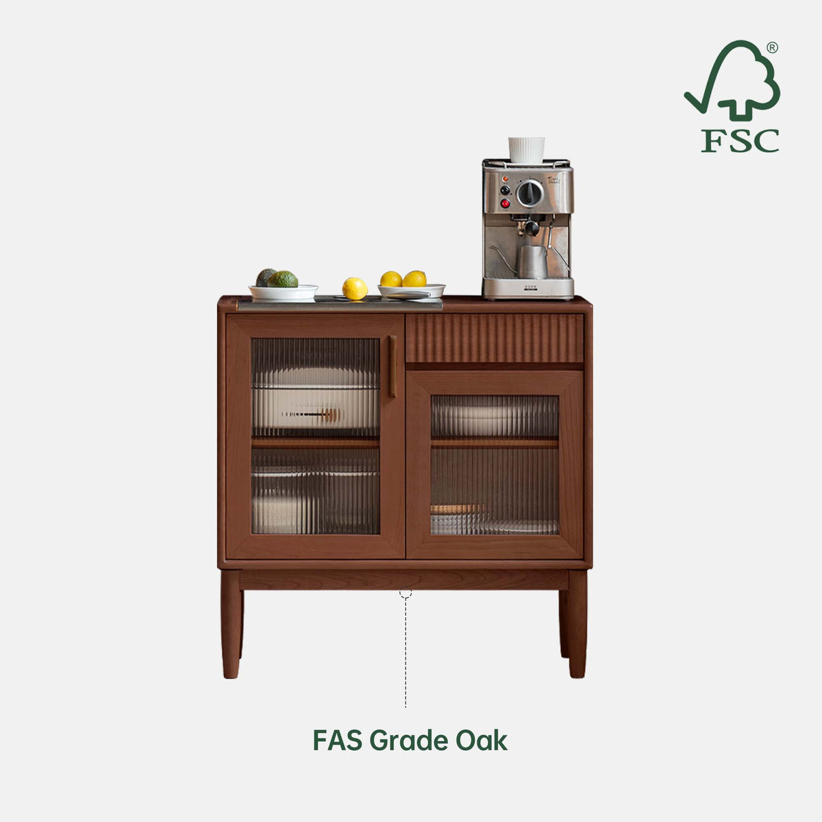 Solid Wood Sideboard with Fluted Glass Doors