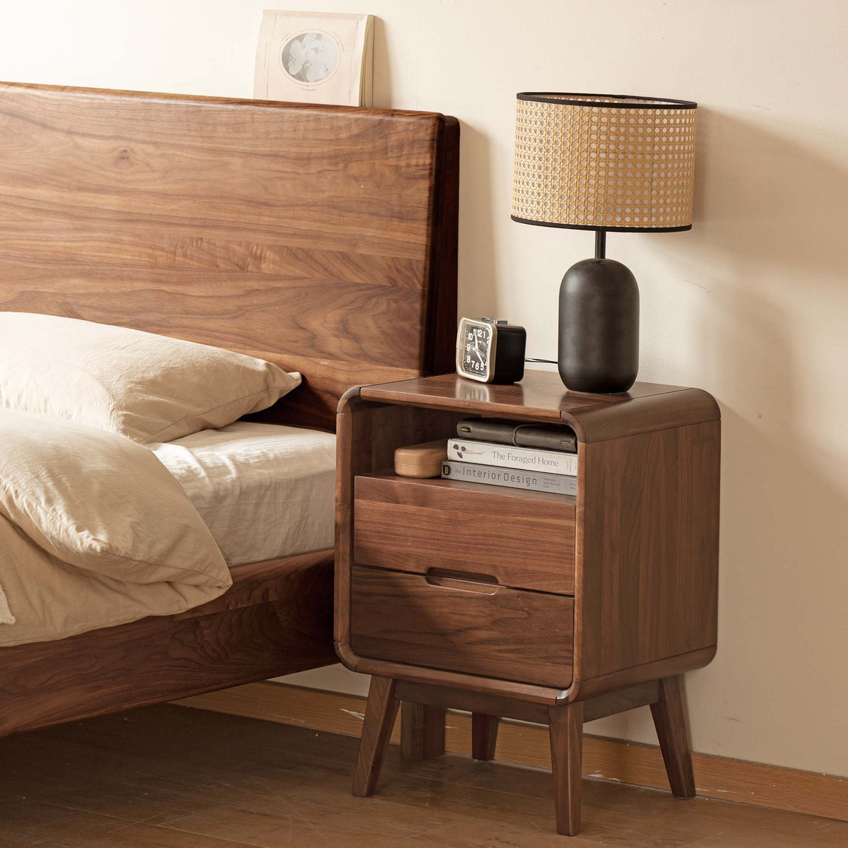 Solid Wood Nightstand with Drawer and Open Storage