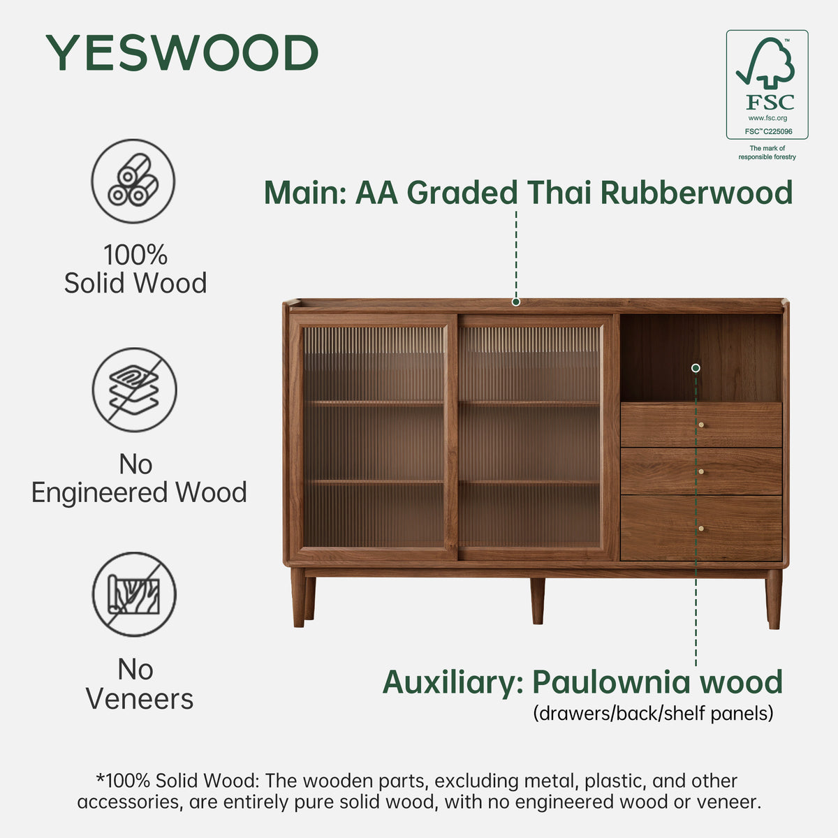 Yeswood Rubberwood Sideboard with Glass Doors