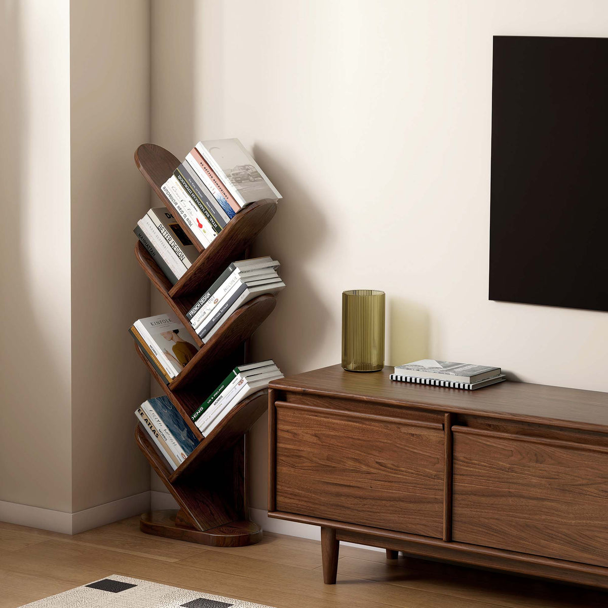 4-Tier Solid Wood Corner Bookshelf 64'' Mid Century
