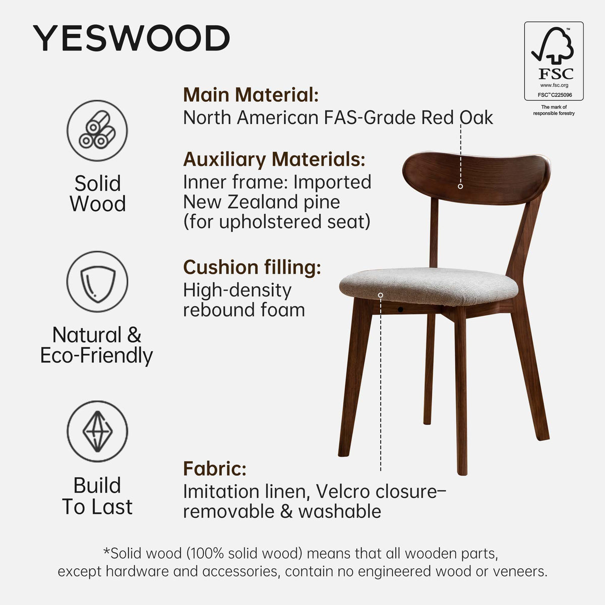 Solid Oak Dining Chair with Fabric Seat