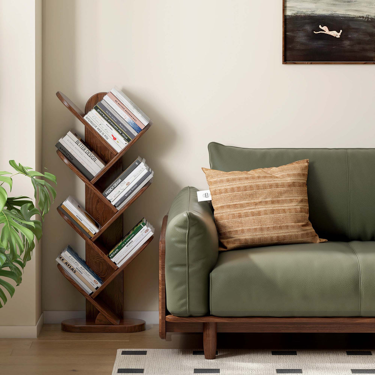 4-Tier Solid Wood Corner Bookshelf 64'' Mid Century