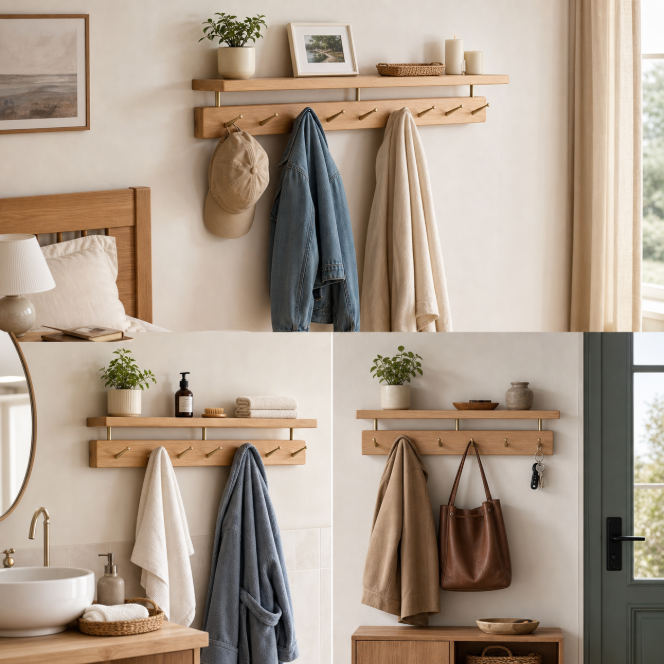 Shelf and hooks suit any room