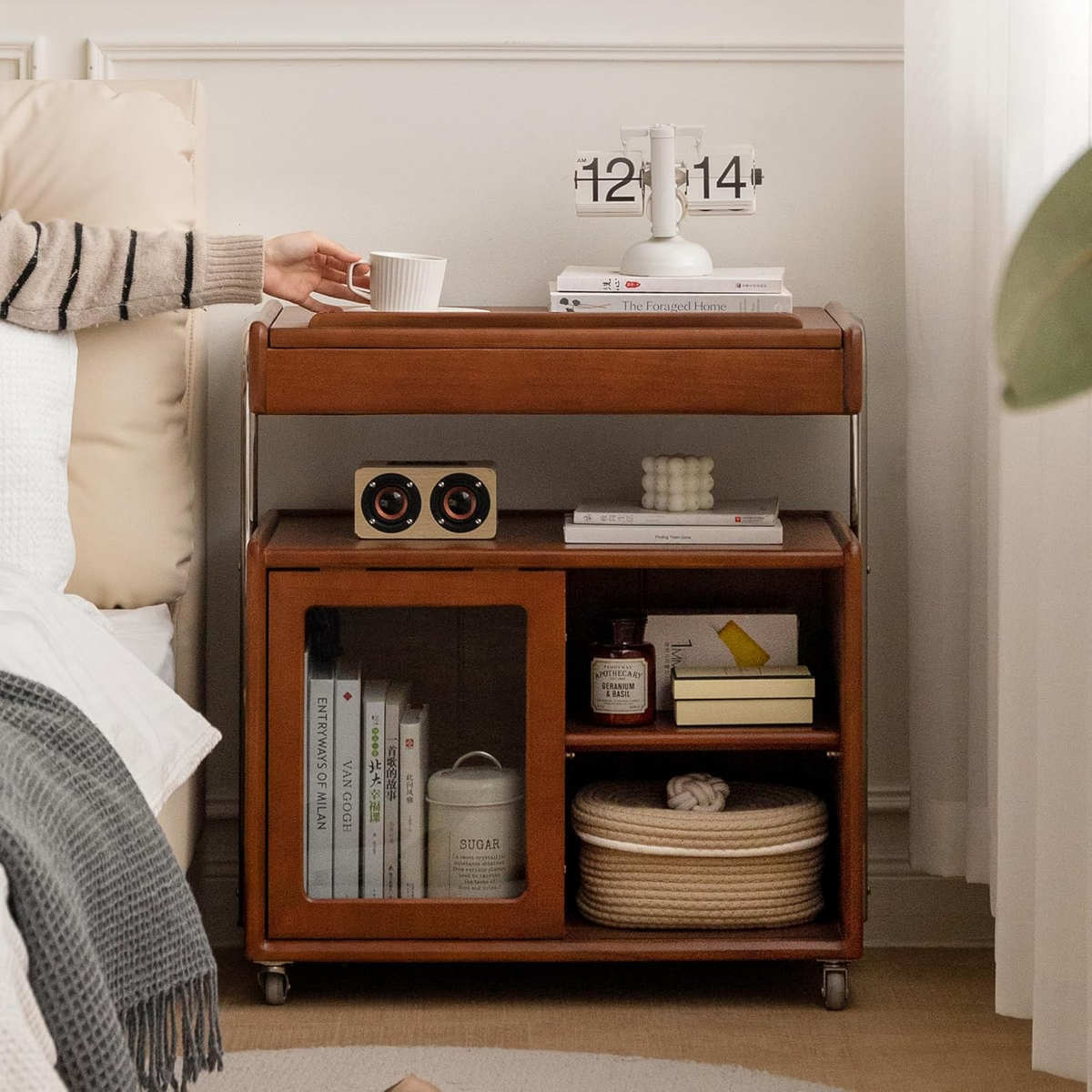 Solid Wood Flip Top Side Table with Wheels