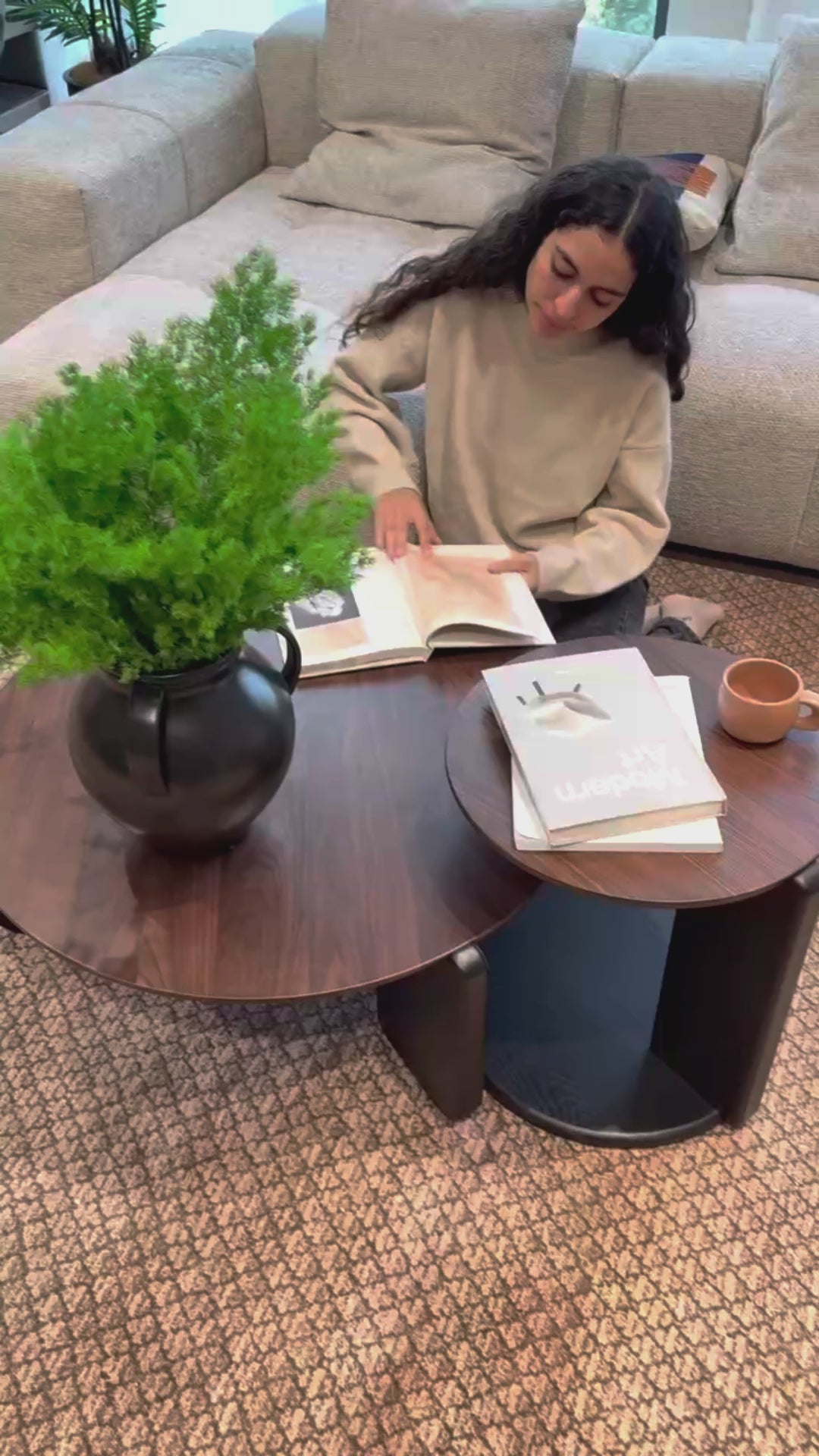 Load video: Round Walnut Top Coffee Table with Oak Legs